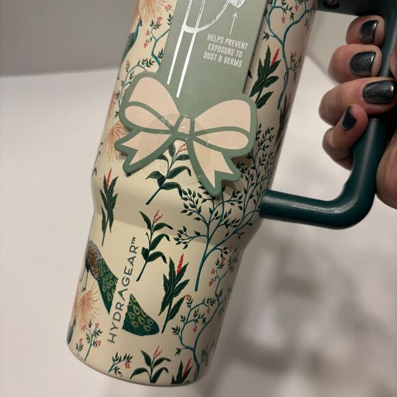 Hydragear Green Cream Peacock Print Stainless Steel Tumbler 30 Oz Bow Straw - Picture 4 of 7